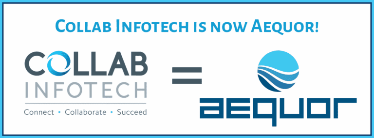 Collab Infotech now AeQuor: blue and gray logo transformation with “Collab Infotech = AeQuor” text