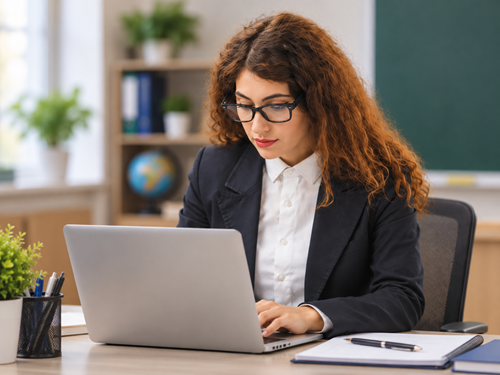 Woman working on a laptop at a desk in an office, with notebooks, pen, and a chalkboard in the background