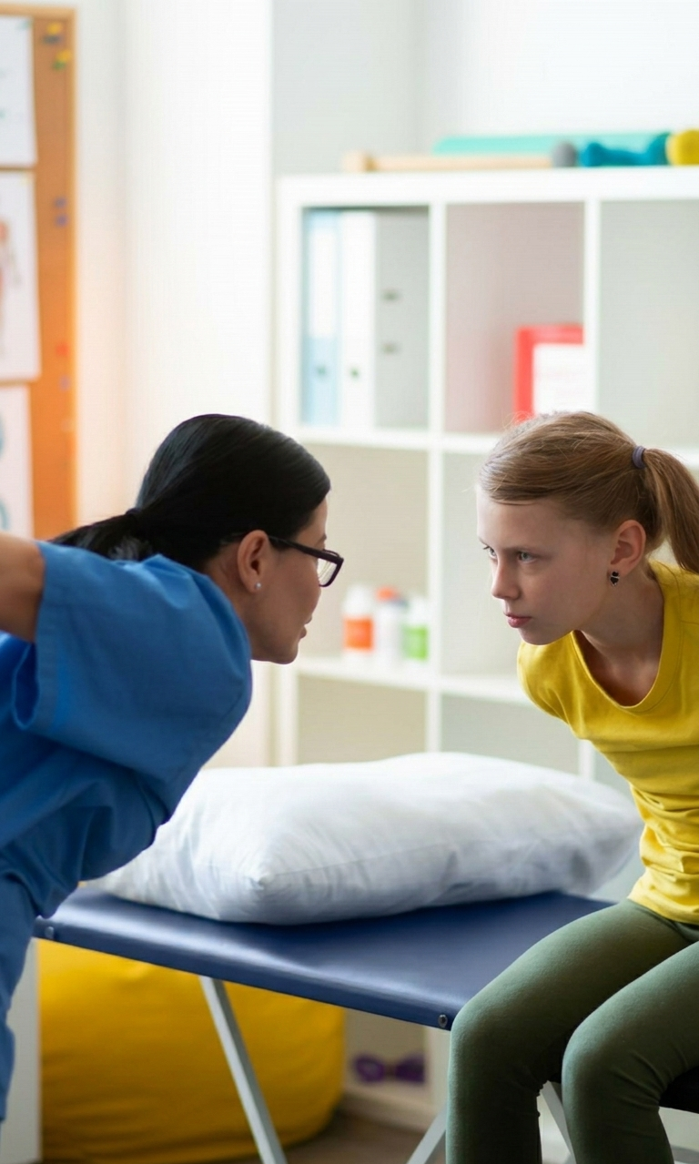 Two people leaning toward each other in a bright room near a bed and shelves