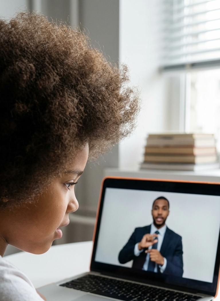 Person watching a laptop video call with a presenter in a suit