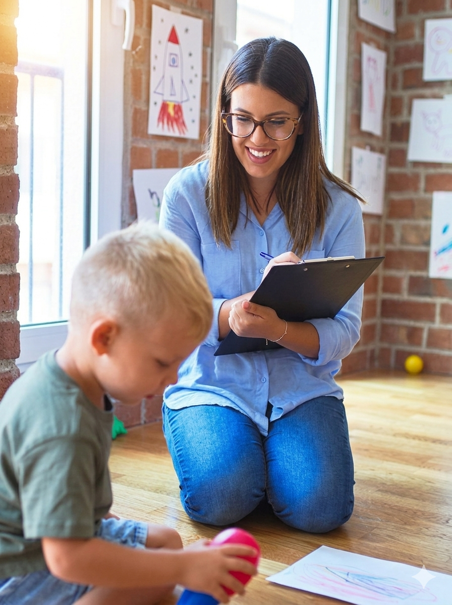 Teacher kneels with a clipboard while a child plays on a classroom floor with papers and toys.