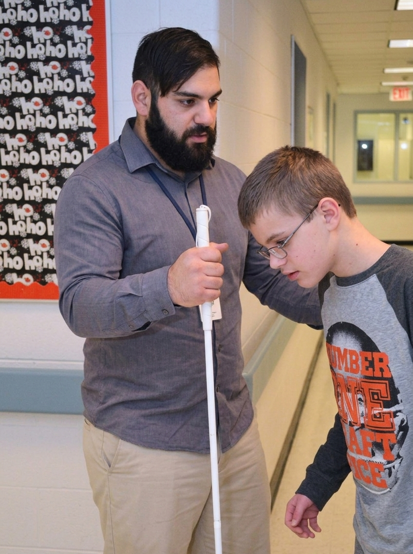 Teacher using a white cane to guide a student in a school hallway