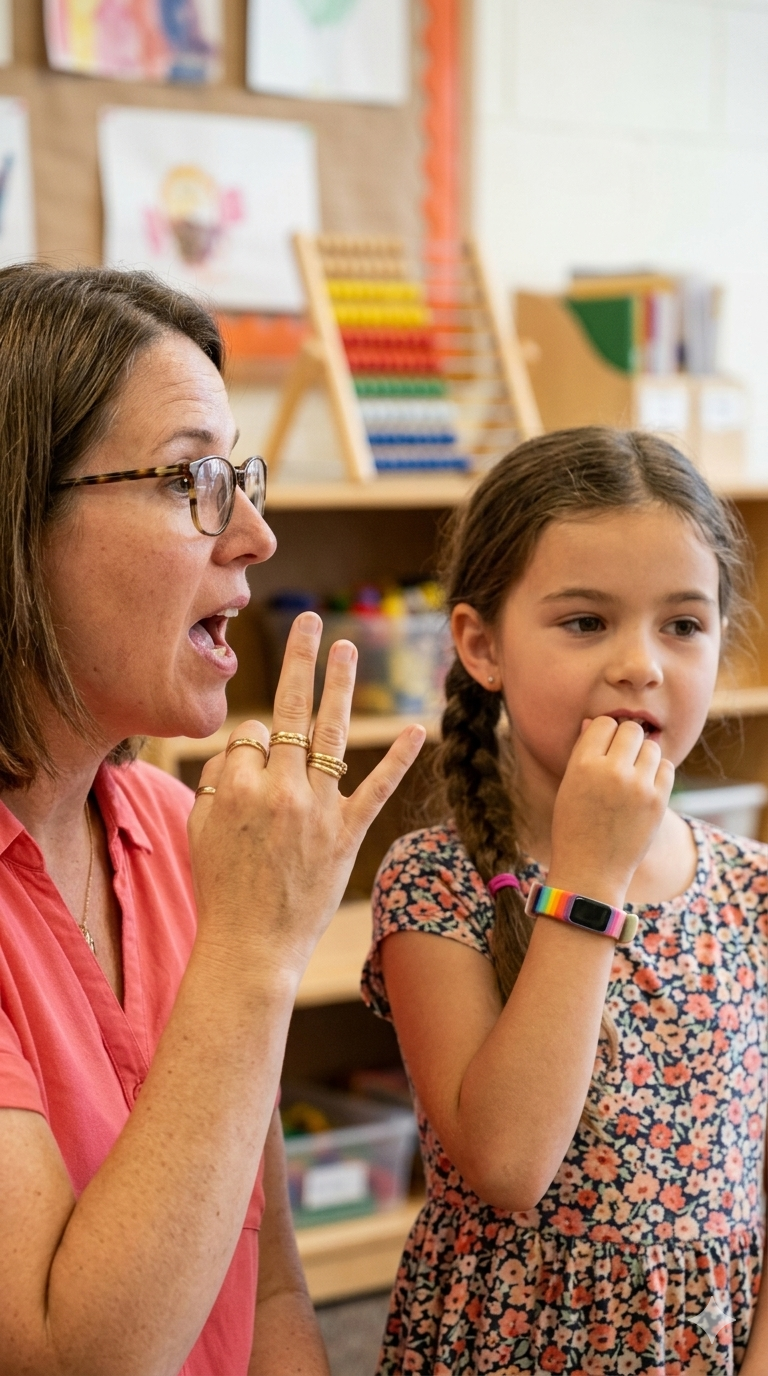 Teacher and child making hand signs in a classroom, with bookshelves in the background.