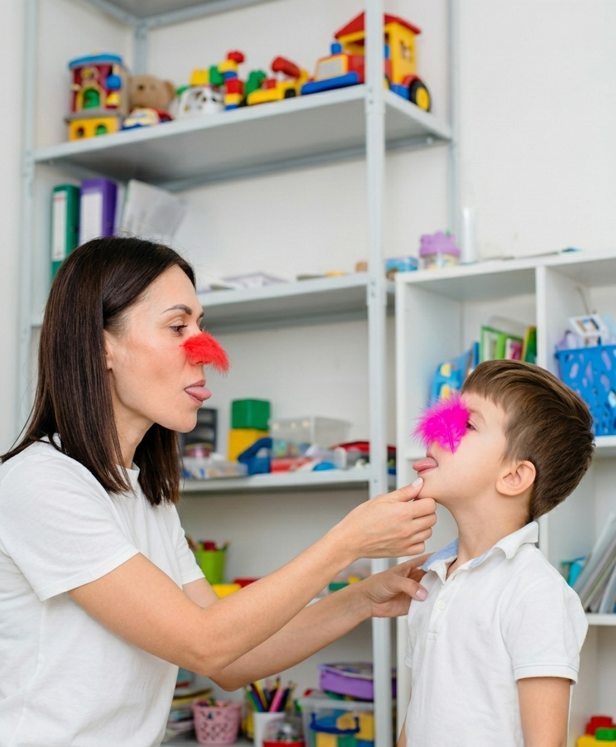 Woman showing a pink feather to a child in a toy-filled room