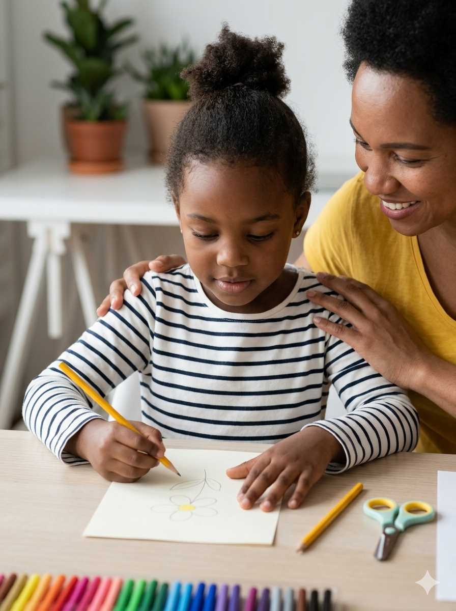 Adult and child drawing together at a table with paper, pencils, and scissors