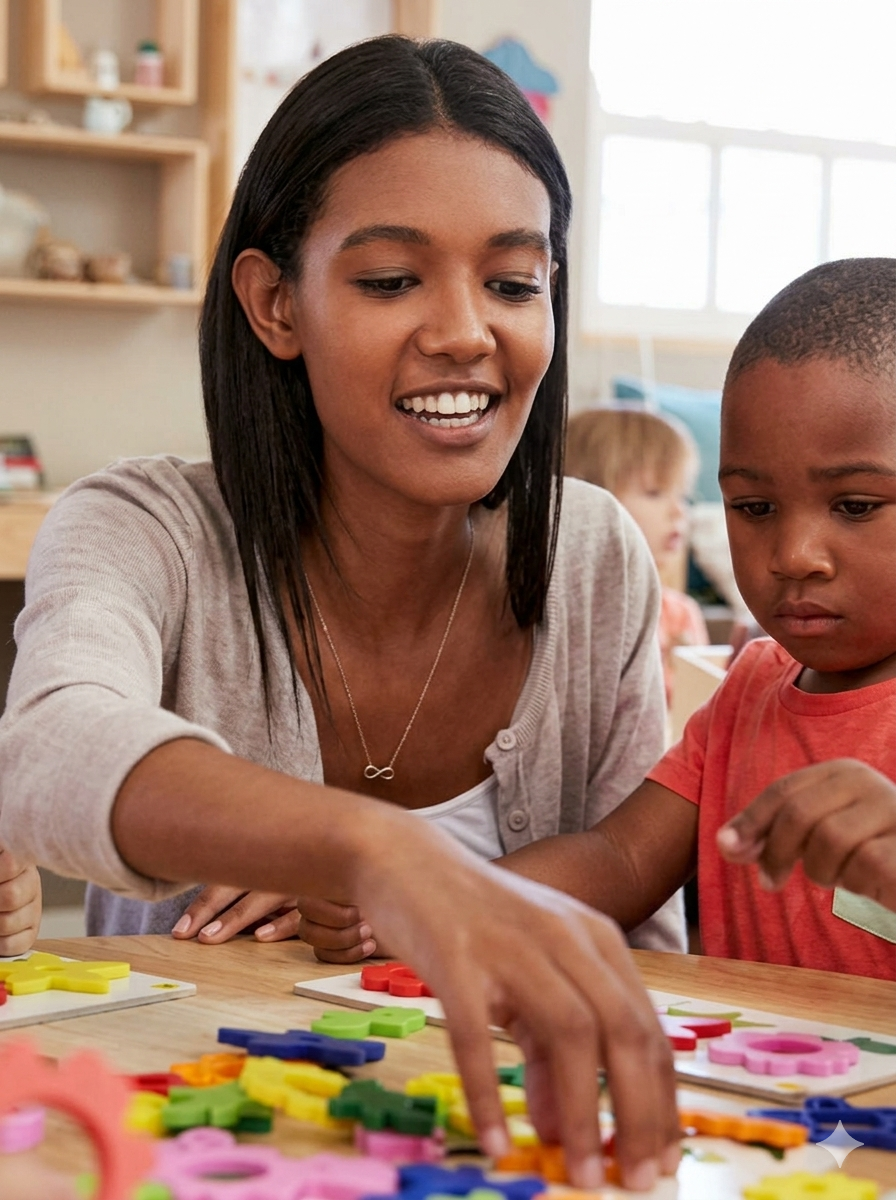 Teacher and child sorting colorful shapes on a table in a classroom