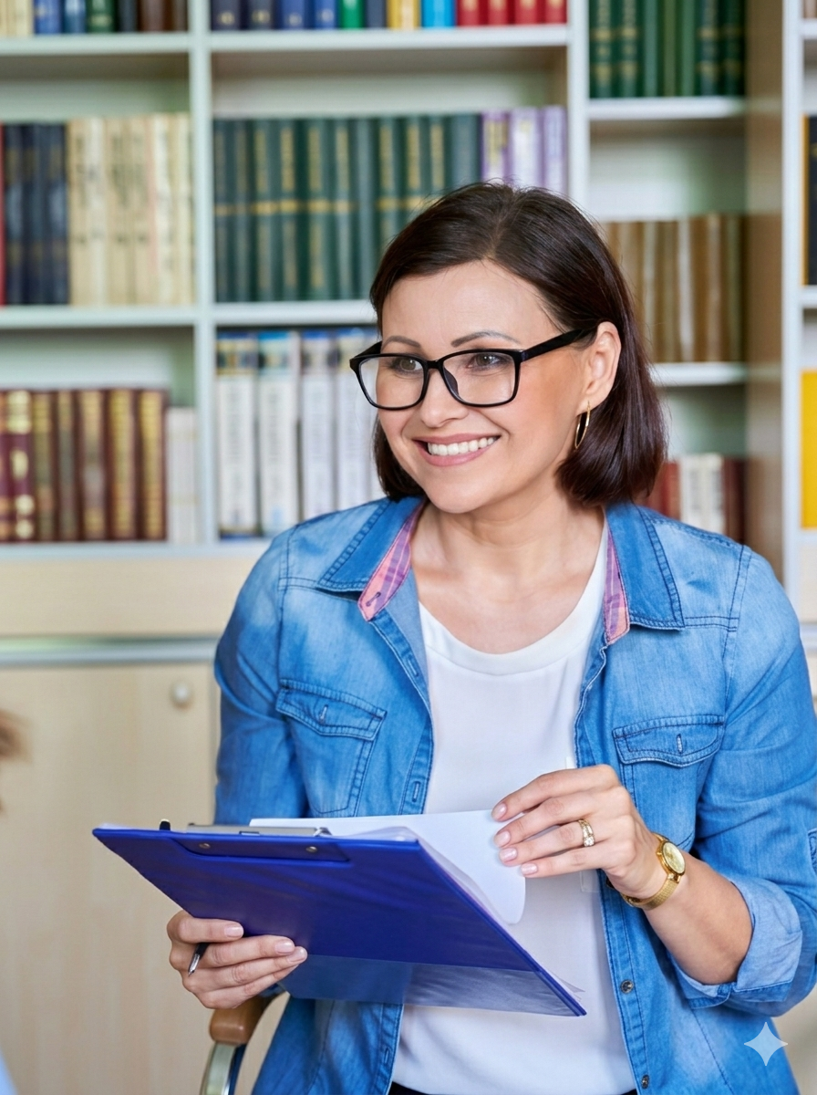 Woman in glasses smiling while holding a blue clipboard in front of bookshelves