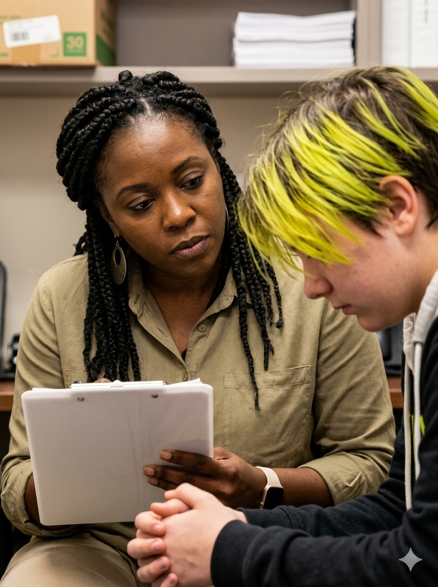 Two people in a meeting, one holding a tablet and the other listening attentively.