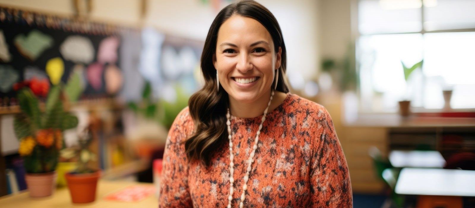 Smiling woman in an orange patterned blouse standing in a bright kitchen with colorful produce and flowers