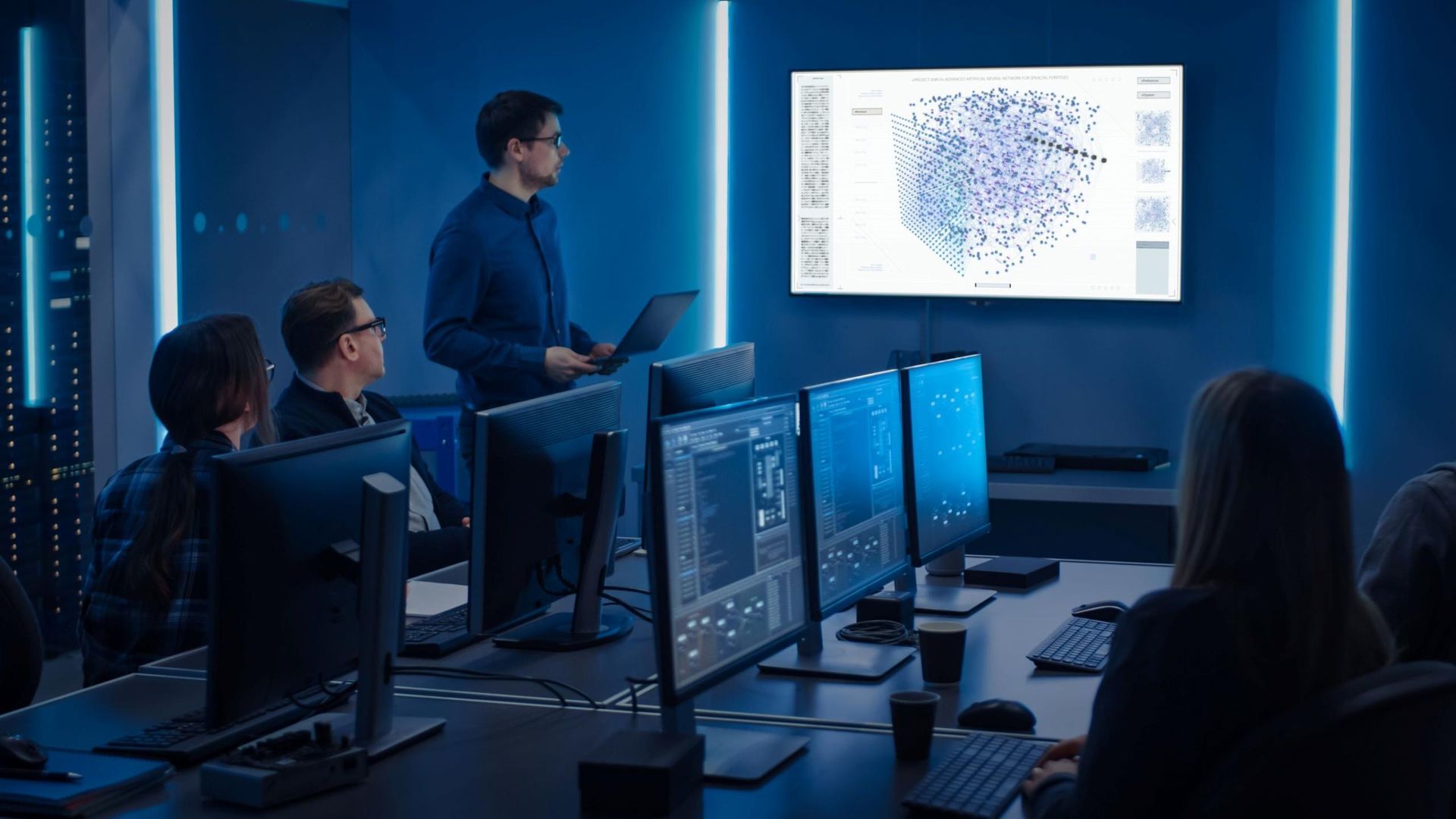 Team in a blue-lit control room reviewing data on monitors, with a presenter pointing at a large wall display.