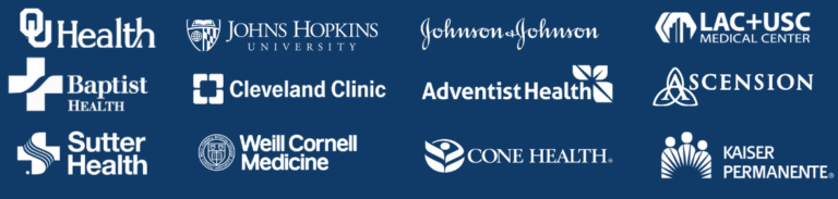 Logos of healthcare organizations in white on a dark blue background.