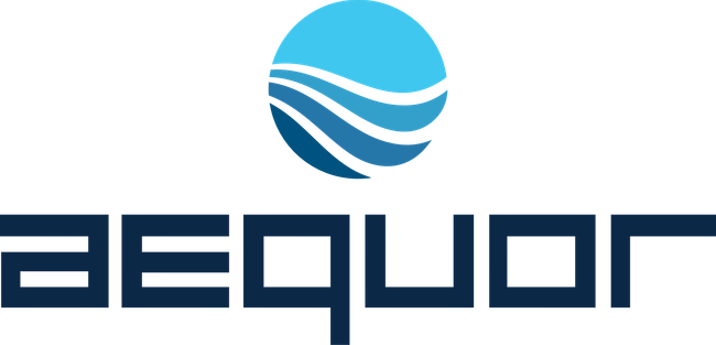 Aequor logo with a blue wave icon above dark navy text