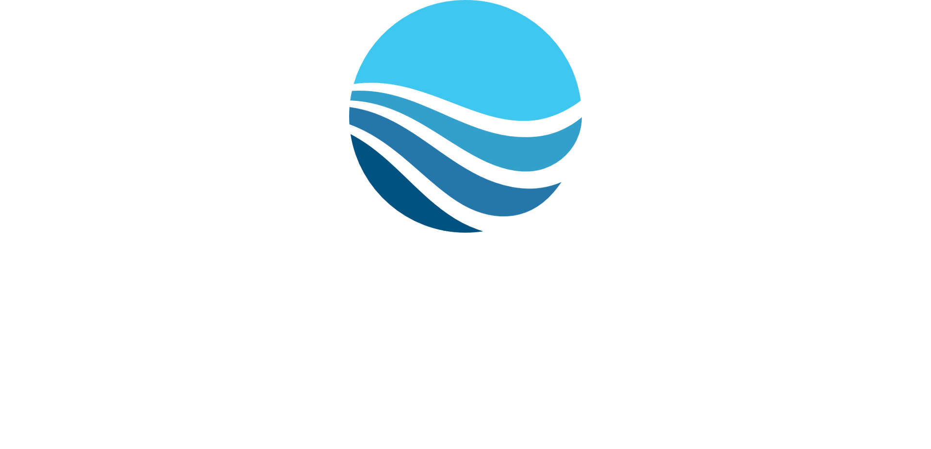 Blue circular logo with white wavy lines on a white background