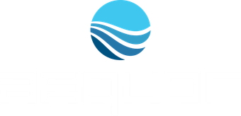 Blue circular logo with white wavy lines on a white background