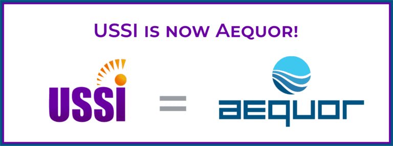 USSI is now Aequor logo graphic with purple USSI, gray equals sign, and blue Aequor logo