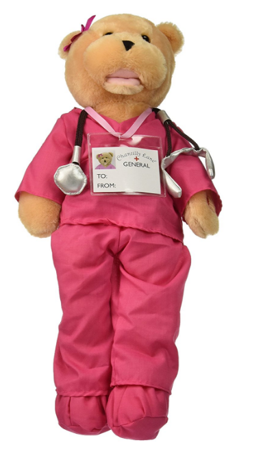 Tan teddy bear dressed as a doctor in pink scrubs with a stethoscope and ID badge