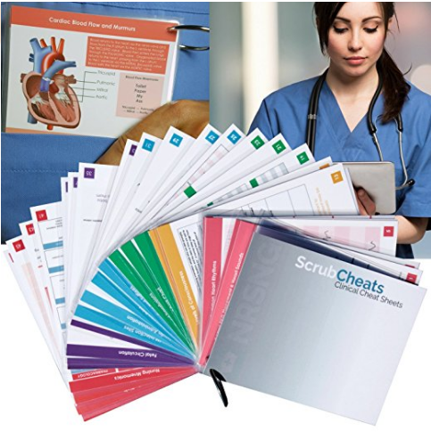 Assorted colorful medical cheat-sheet booklets fanned out beside a nurse in blue scrubs holding a tablet