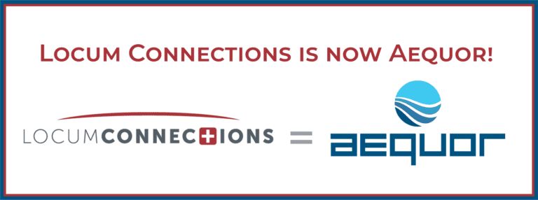 Banner reading “Locum Connections is now AEQUOR” with both company logos and red/blue branding.