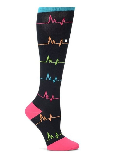 Black knee-high sock with colorful heartbeat lines and pink heel and toe