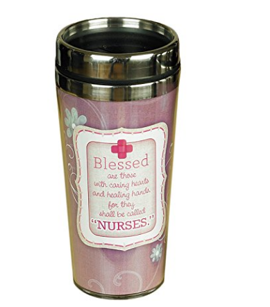 Pink travel mug with a “Blessed” message for nurses and a silver lid