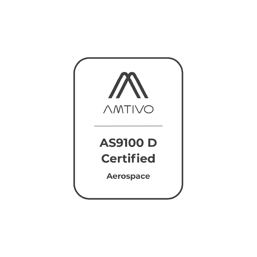 A square badge with "AMTIVO" logo and "AS9100 D Certified Aerospace" text.