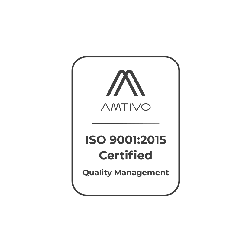Logo for AMTIVO. ISO 9001:2015 Certified for Quality Management. Features a stylized "A".