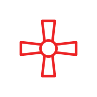 Red cross-shaped design on a white background; has a central circle.