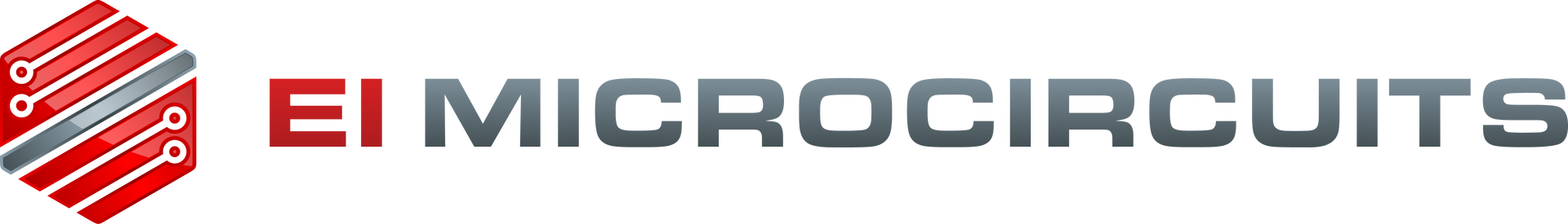 Logo for EI Microcircuits, red and silver hexagon design with text.
