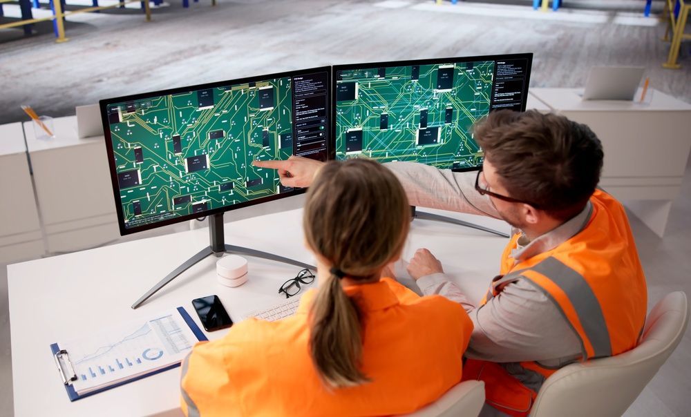 Two workers in orange safety vests reviewing green circuit diagrams on dual monitors in a warehouse office