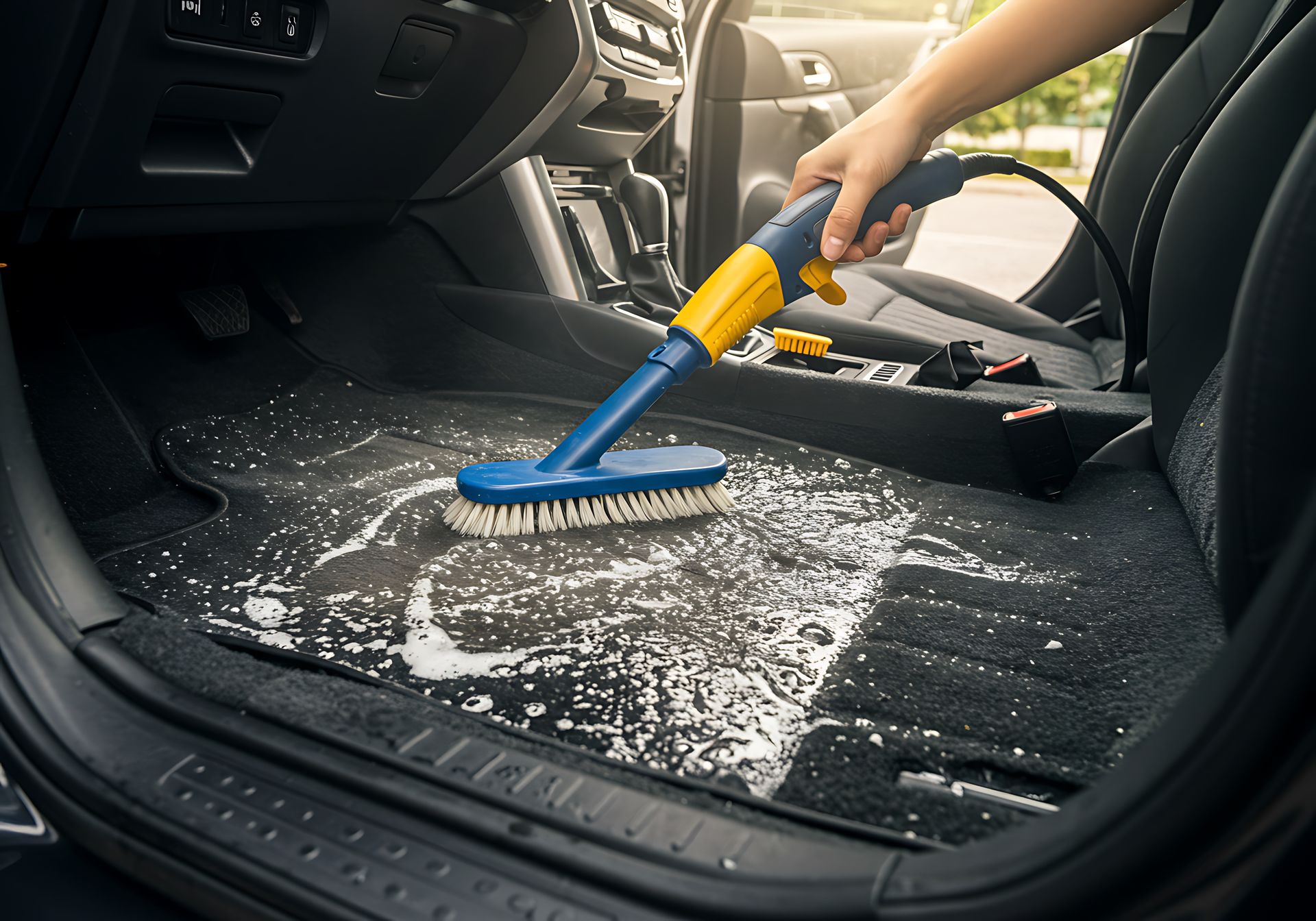 A gray house with a blue door and windows