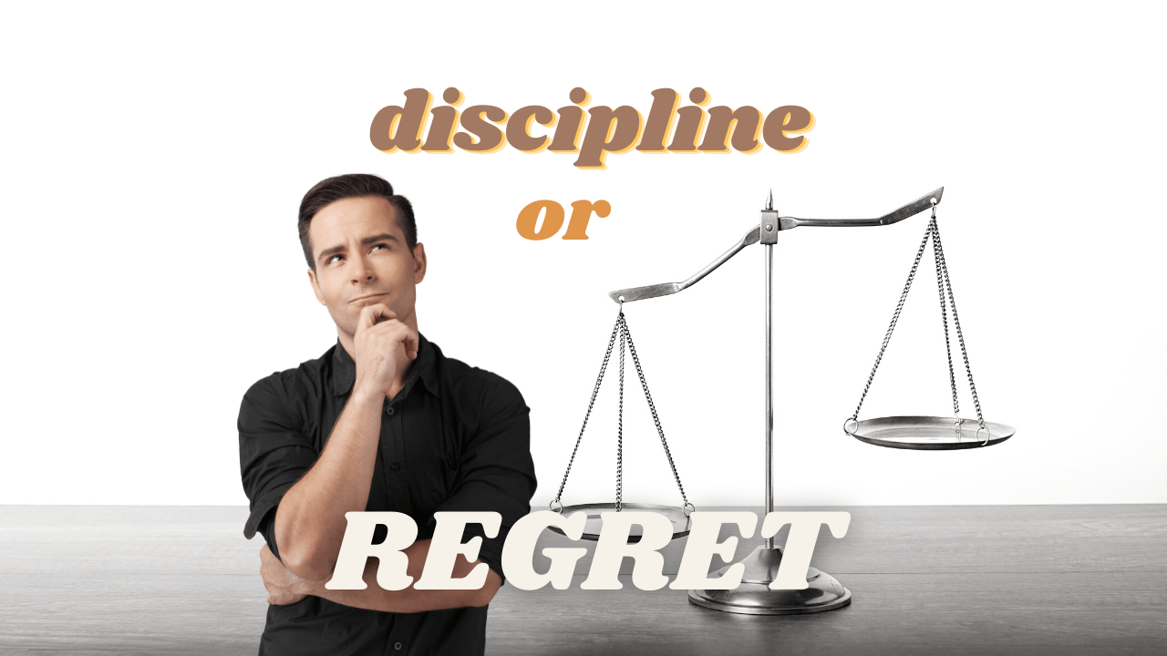 A man is standing in front of a scale that says discipline or regret