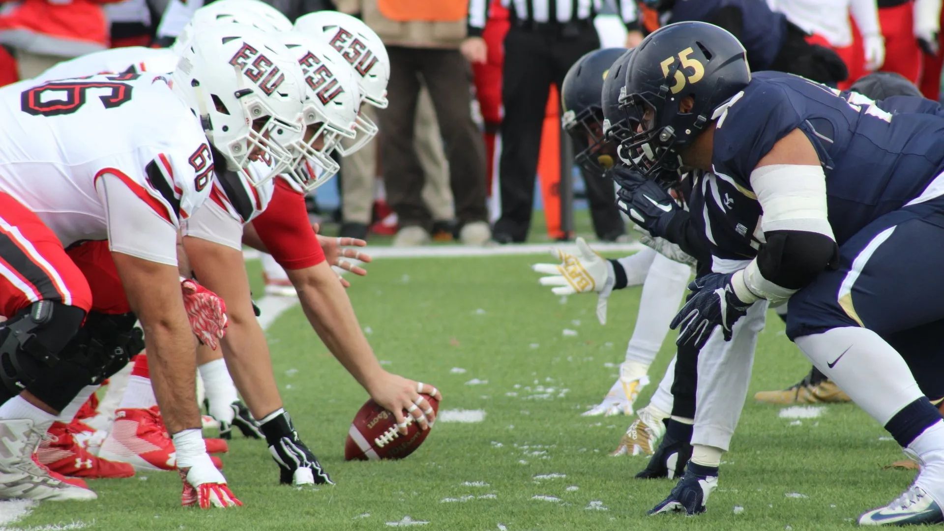 A group of football players are lined up on a field.