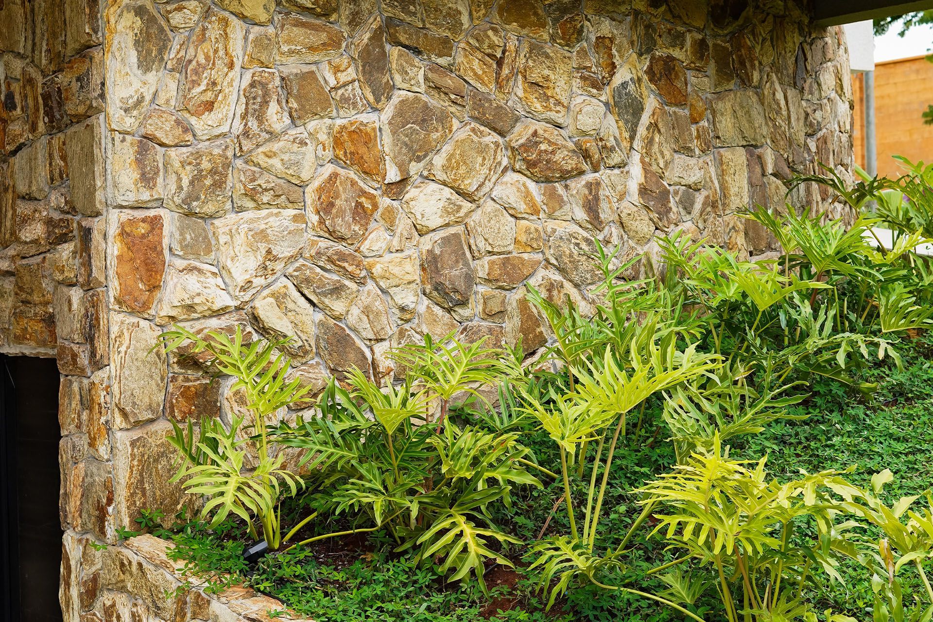 Pedra Amazon natural aplicada em fachadas, paredes e ambientes internos, com variações de tons terrosos, dourados e acinzentados.
