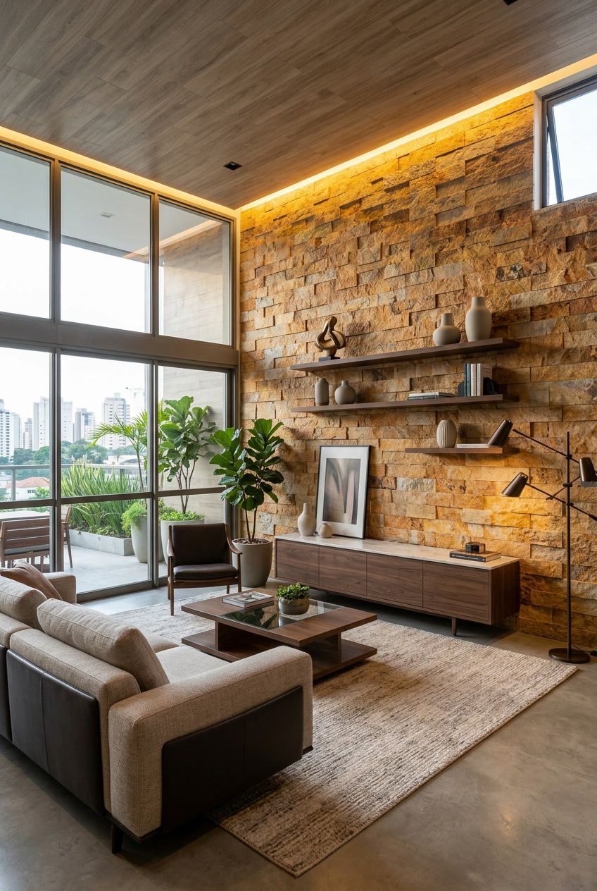 Sala de estar moderna com parede revestida com pedra castelo, janelas amplas, sofá, tapete e iluminação aconchegante no teto.