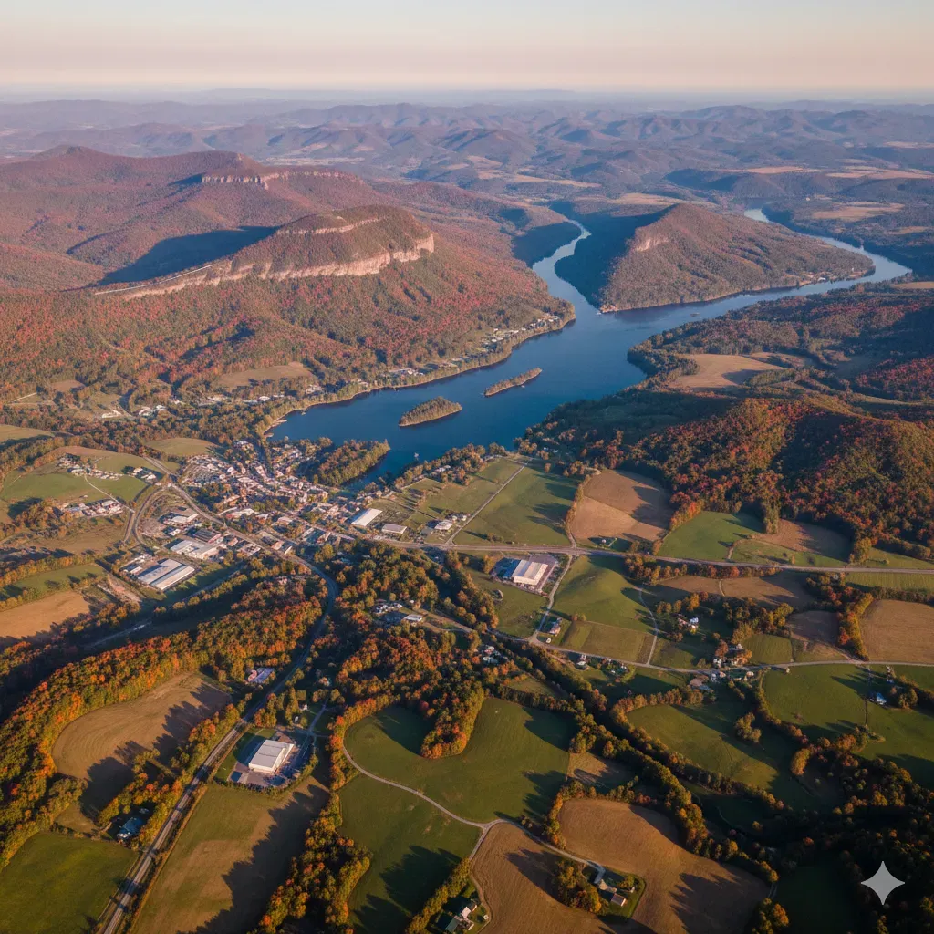 An aerial view of a river surrounded by trees and grass