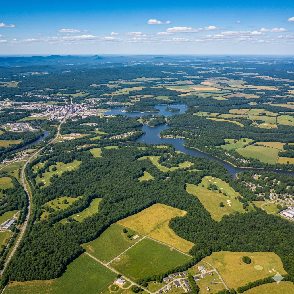 An aerial view of a highway intersection with a city in the background.