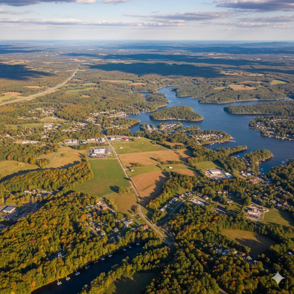 An aerial view of a lush green field with trees and a road.