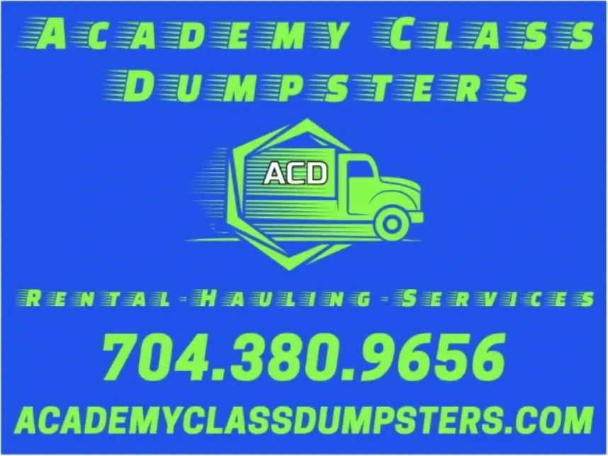 Academy Class Dumpsters logo: green text/truck, blue background, phone number, and website.