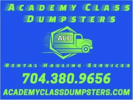 Academy Class Dumpsters logo: green text/truck, blue background, phone number, and website.