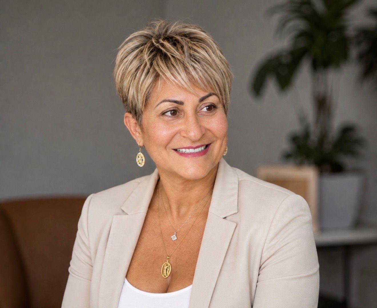Smiling woman in a beige blazer seated indoors against a blurred office background