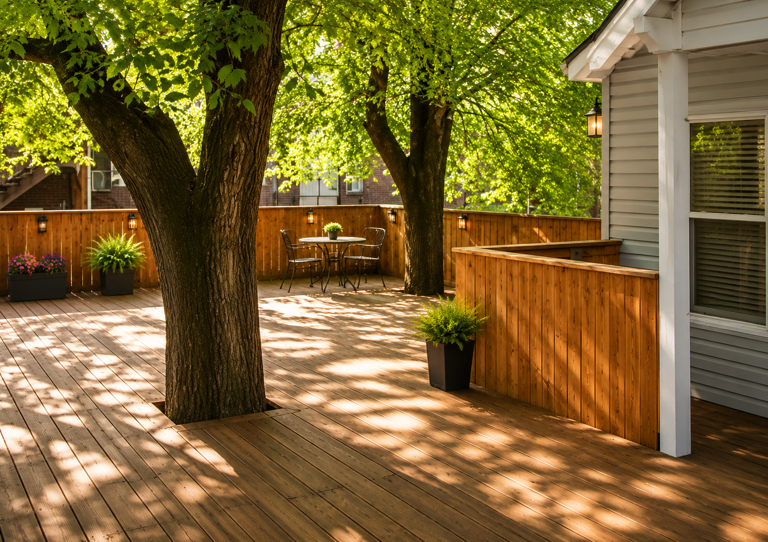 Shaded wooden deck with large trees, a fence, and a house exterior on the right