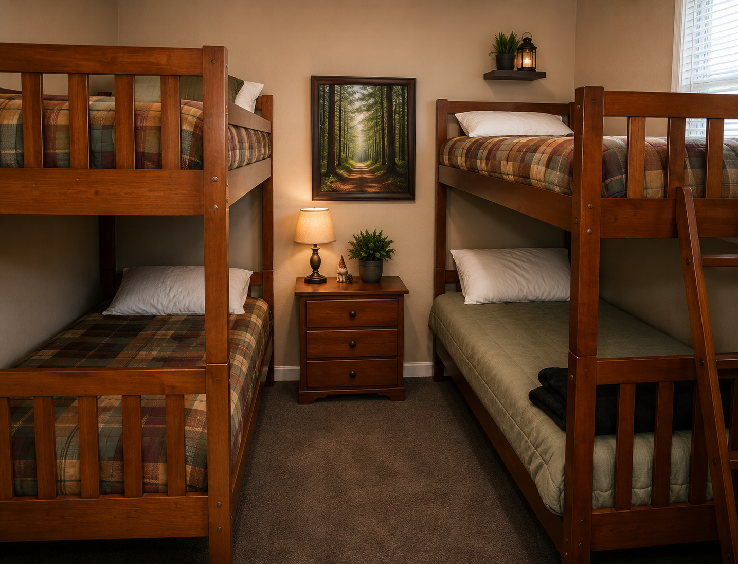 Small bunk bedroom with two wooden bunk beds, a nightstand lamp, and a forest painting