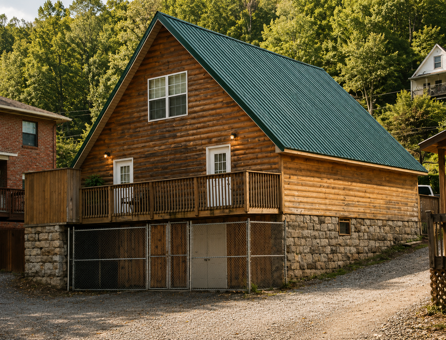 Rustic wooden cabin with green metal roof and stone foundation in a wooded setting