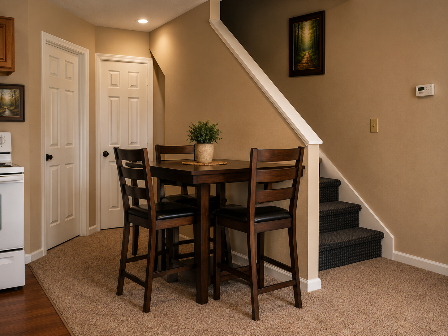 Small dining area with a round table, four chairs, and carpeted stairs beside beige walls.