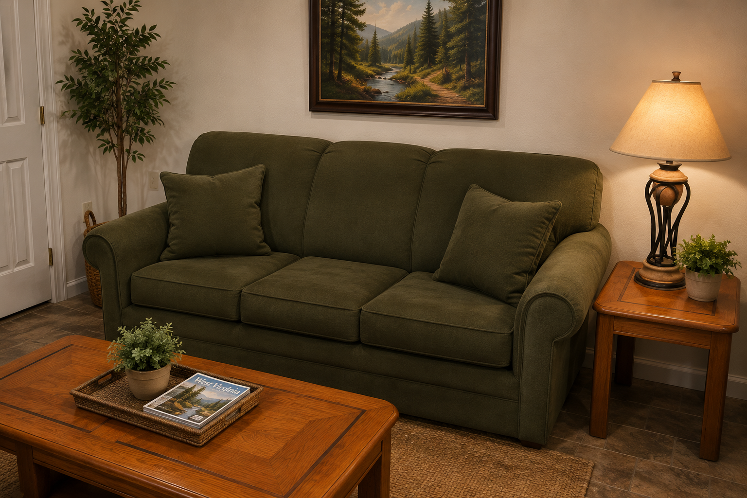 Cozy living room with an olive green sofa, wooden coffee table, side table lamp, and framed landscape painting