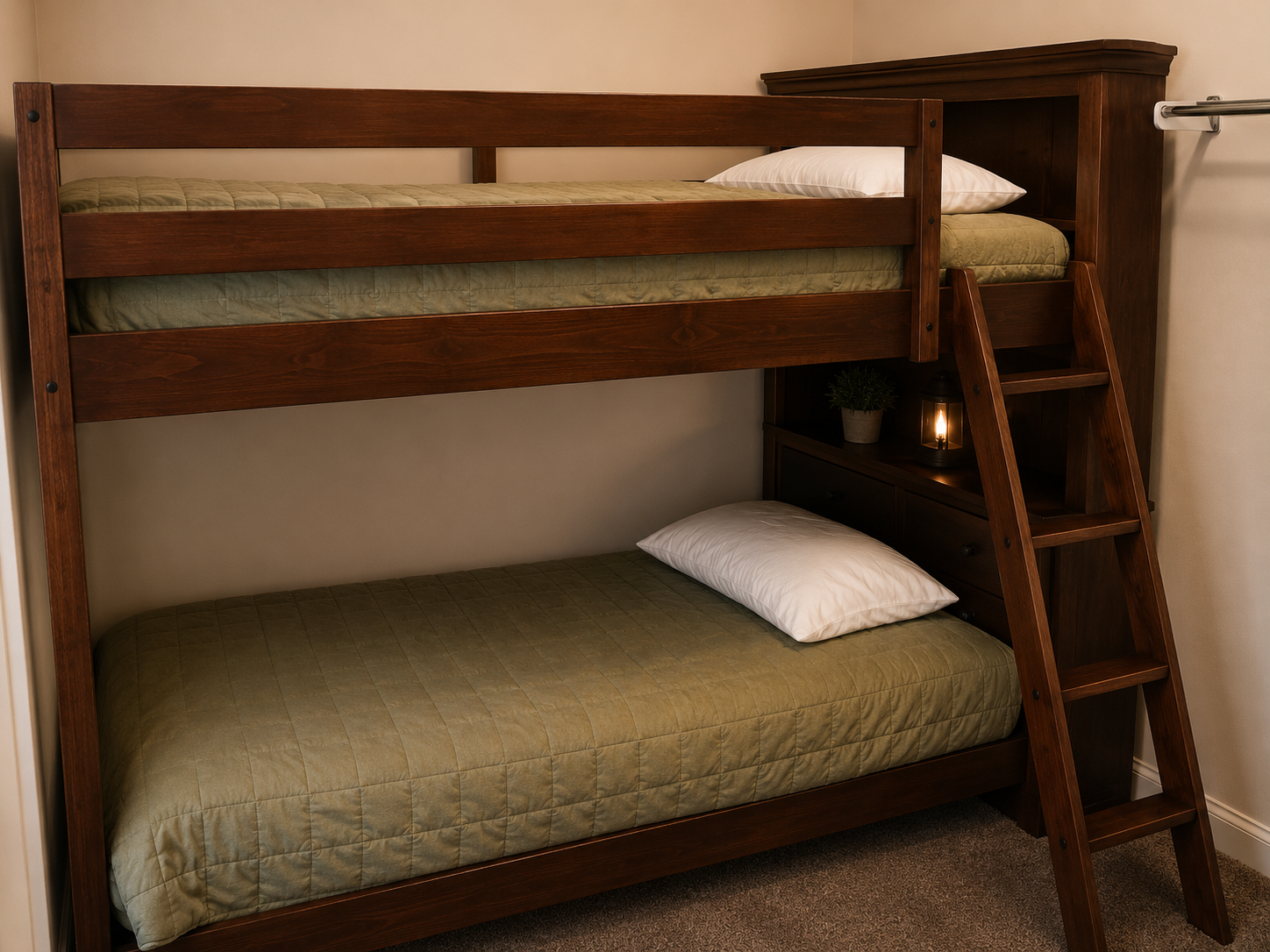 Wooden bunk bed with ladder and green bedding in a simple bedroom