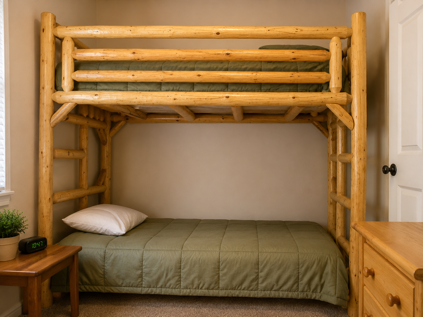 Wooden bunk bed over a lower bed in a small bedroom with beige walls and a dresser.