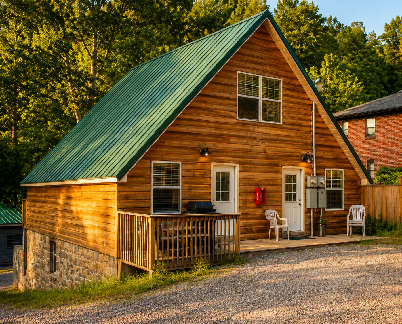 Rustic wooden cabin with green metal roof, porch chairs, and gravel driveway in a sunny wooded setting