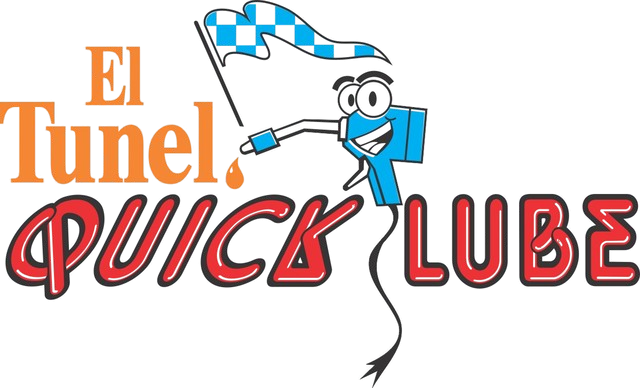 El Tunel Quick Lube logo: cartoon oil gun with smiling face, checkered flag, and oil drop, in red, orange, and blue.