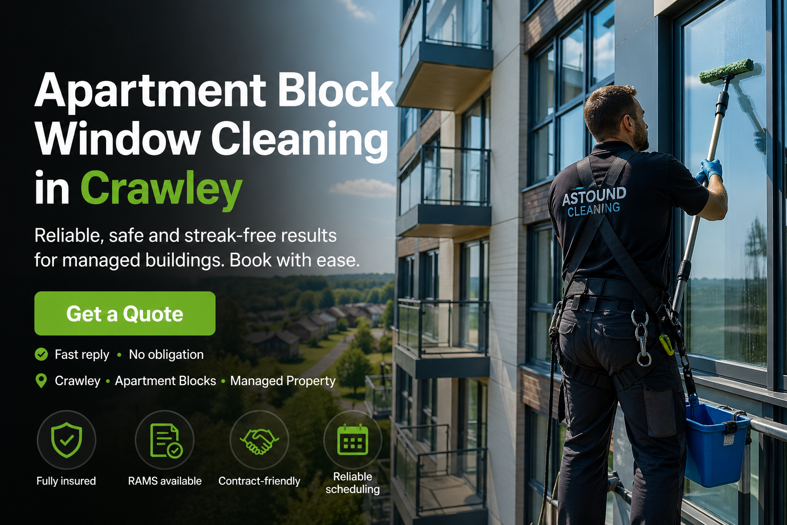 Apartment block window cleaning in Crawley